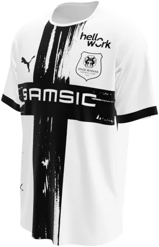Camisa visitante do Stade Rennais 2026 - 2027 branca com uma cruz preta pintada, frente e costas