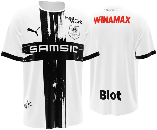 Camisa visitante do Stade Rennais 2026 - 2027 branca com uma cruz preta pintada, frente e costas