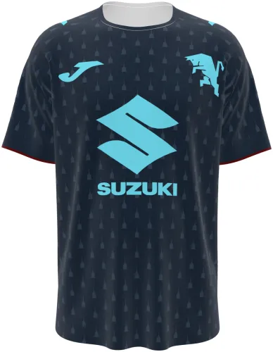 Camisa terceiro uniforme do Torino FC 2026 - 2027 azul-marinho com triângulos e detalhes turquesa, frente e costas
