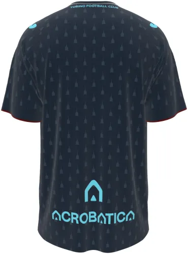 Camisa terceiro uniforme do Torino FC 2026 - 2027 azul-marinho com triângulos e detalhes turquesa, frente e costas
