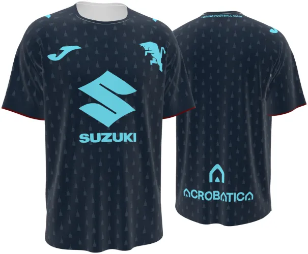 Camisa terceiro uniforme do Torino FC 2026 - 2027 azul-marinho com triângulos e detalhes turquesa, frente e costas