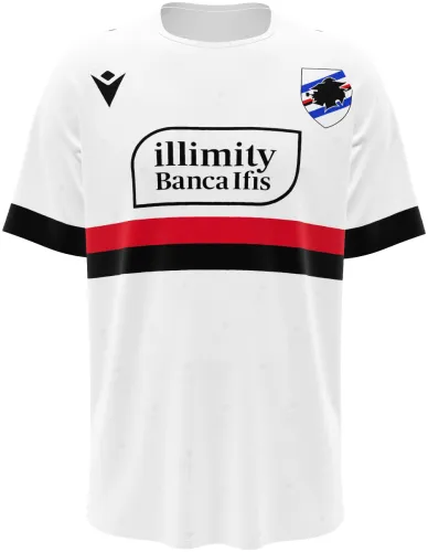 Camisa visitante da UC Sampdoria 2026 - 2027 branca com faixa preta e vermelha no peito, frente e costas