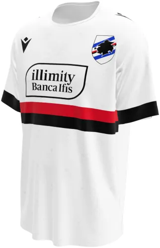 Camisa visitante da UC Sampdoria 2026 - 2027 branca com faixa preta e vermelha no peito, frente e costas