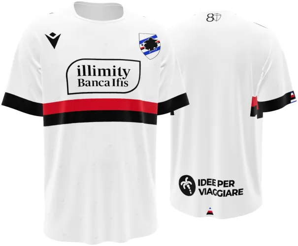 Camisa visitante da UC Sampdoria 2026 - 2027 branca com faixa preta e vermelha no peito, frente e costas