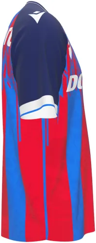 Camisa titular do Viktoria Plzeň 2026 - 2027 listrada de vermelho e azul com tinta escorrendo, frente e costas