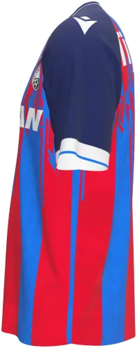 Camisa titular do Viktoria Plzeň 2026 - 2027 listrada de vermelho e azul com tinta escorrendo, frente e costas