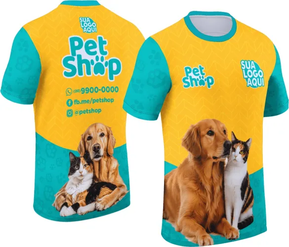 Camisa com logo no peito delicado e estampa grande nas costas mostrando elementos modernos e divertidos do universo pet shop, ideal para lojas que buscam visual autêntico e atraente.