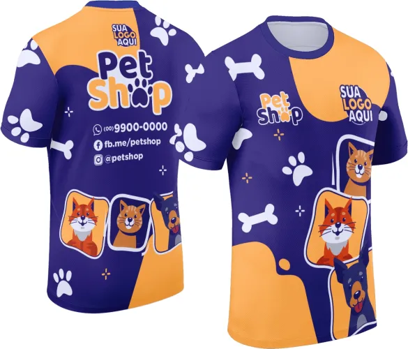 Design para camisa de pet shop com estilo profissional, pensado para uniformes personalizados