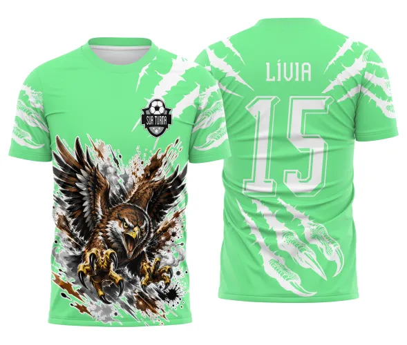 Design para camiseta de jogos internos com estampa corrida de gavião interclasse e garras nas mangas.
