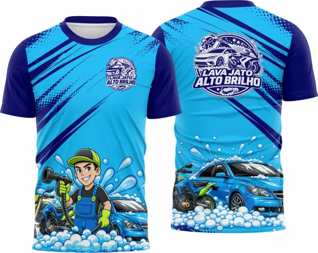Camisa com logo no peito e estampa grande nas costas, design exclusivo de uniforme para profissionais de auto detailing, combinando estilo e funcionalidade para quem valoriza seu trabalho e imagem.