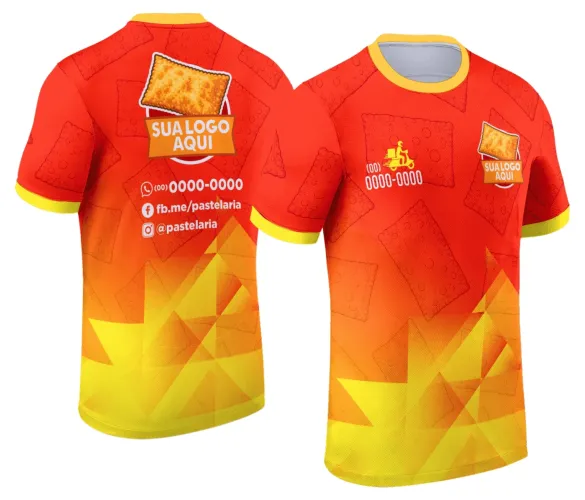 Camisa com logo no peito e estampa grande nas costas, ideal para quem trabalha em pastelarias e salgaderias, mostrando profissionalismo e estilo em cada detalhe do uniforme.