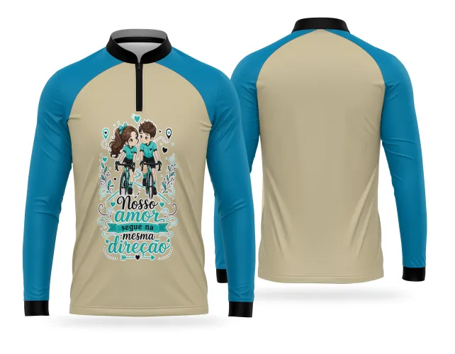Arte para camisa de bike com casal ciclista e frase nosso amor segue na mesma direção