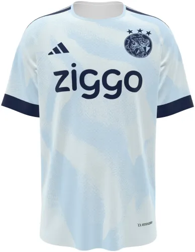 Camisa terceiro uniforme do Ajax 2026 - 2027 branca com ondas azuis claras, frente e costas