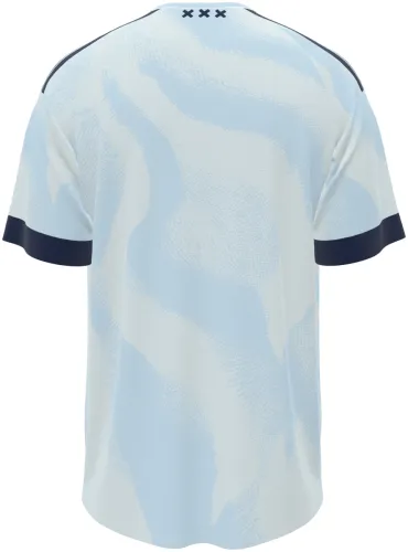 Camisa terceiro uniforme do Ajax 2026 - 2027 branca com ondas azuis claras, frente e costas