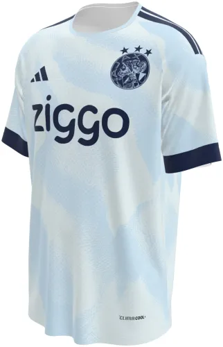 Camisa terceiro uniforme do Ajax 2026 - 2027 branca com ondas azuis claras, frente e costas