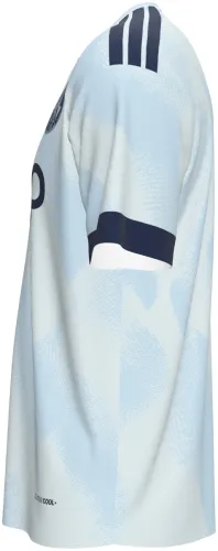 Camisa terceiro uniforme do Ajax 2026 - 2027 branca com ondas azuis claras, frente e costas