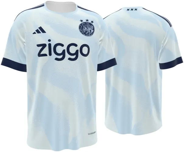 Camisa terceiro uniforme do Ajax 2026 - 2027 branca com ondas azuis claras, frente e costas