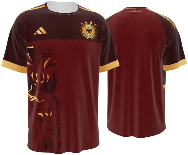 Camisa conceito da Alemanha 2026 bordô com águia dourada em chamas, frente e costas