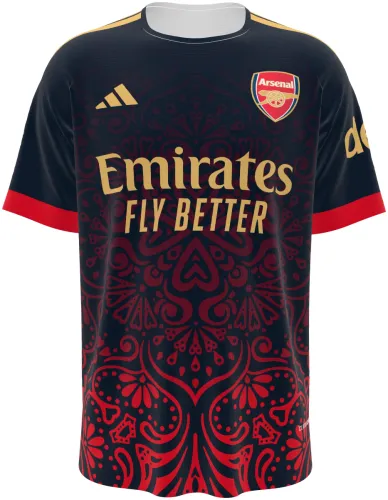 Camisa conceito do Arsenal 2026 preta com ornamento floral vermelho, frente e costas