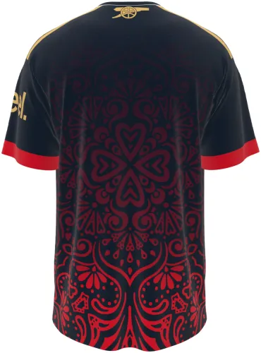 Camisa conceito do Arsenal 2026 preta com ornamento floral vermelho, frente e costas