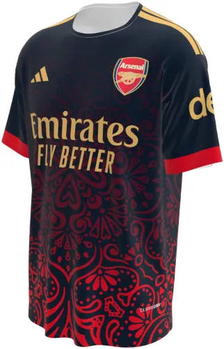 Camisa conceito do Arsenal 2026 preta com ornamento floral vermelho, frente e costas