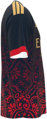 Camisa conceito do Arsenal 2026 preta com ornamento floral vermelho, frente e costas