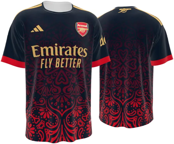 Camisa conceito do Arsenal 2026 preta com ornamento floral vermelho, frente e costas