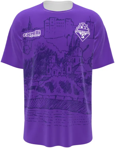 Camisa titular do Austria Salzburg 2026 - 2027 roxa com a fortaleza de Salzburgo desenhada, frente e costas