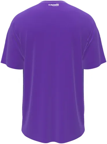 Camisa titular do Austria Salzburg 2026 - 2027 roxa com a fortaleza de Salzburgo desenhada, frente e costas