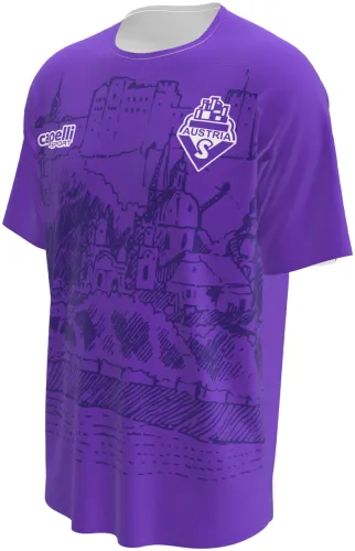 Camisa titular do Austria Salzburg 2026 - 2027 roxa com a fortaleza de Salzburgo desenhada, frente e costas