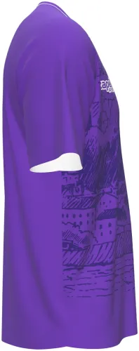 Camisa titular do Austria Salzburg 2026 - 2027 roxa com a fortaleza de Salzburgo desenhada, frente e costas