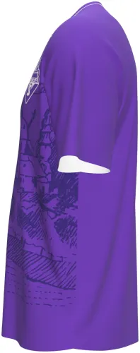Camisa titular do Austria Salzburg 2026 - 2027 roxa com a fortaleza de Salzburgo desenhada, frente e costas