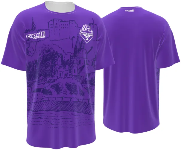 Camisa titular do Austria Salzburg 2026 - 2027 roxa com a fortaleza de Salzburgo desenhada, frente e costas