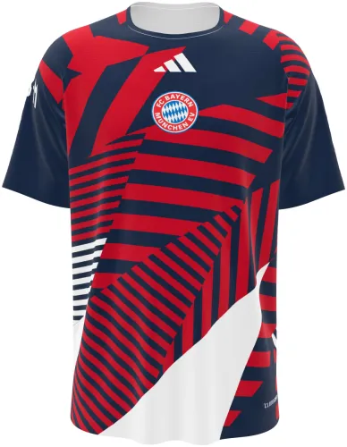 Camisa de pré-jogo do Bayern de Munique 2026 - 2027 azul com blocos de listras vermelhas, frente e costas