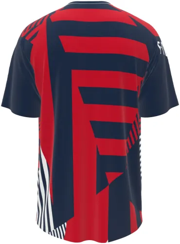 Camisa de pré-jogo do Bayern de Munique 2026 - 2027 azul com blocos de listras vermelhas, frente e costas