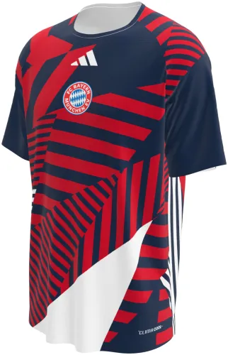 Camisa de pré-jogo do Bayern de Munique 2026 - 2027 azul com blocos de listras vermelhas, frente e costas