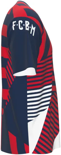 Camisa de pré-jogo do Bayern de Munique 2026 - 2027 azul com blocos de listras vermelhas, frente e costas