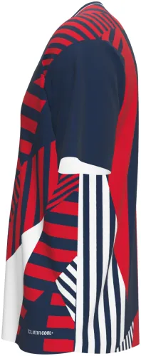 Camisa de pré-jogo do Bayern de Munique 2026 - 2027 azul com blocos de listras vermelhas, frente e costas