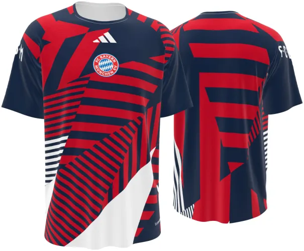 Camisa de pré-jogo do Bayern de Munique 2026 - 2027 azul com blocos de listras vermelhas, frente e costas