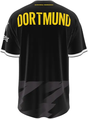 Camisa visitante do Borussia Dortmund 2026 - 2027 preta com raios cinza, frente e costas