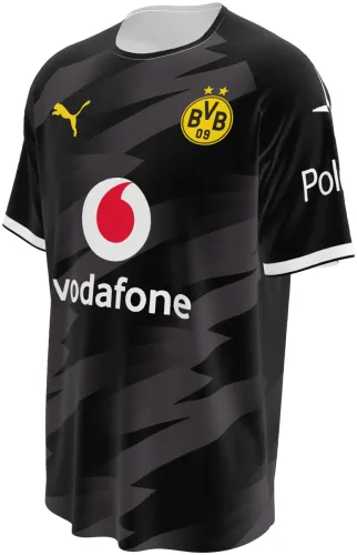 Camisa visitante do Borussia Dortmund 2026 - 2027 preta com raios cinza, frente e costas