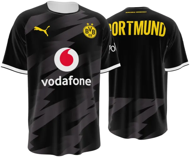 Camisa visitante do Borussia Dortmund 2026 - 2027 preta com raios cinza, frente e costas