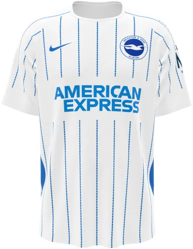 Camisa visitante do Brighton 2026 - 2027 branca com listras pontilhadas azuis, frente e costas