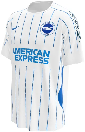Camisa visitante do Brighton 2026 - 2027 branca com listras pontilhadas azuis, frente e costas