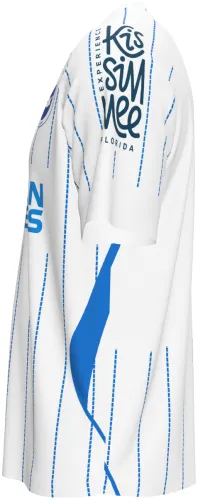 Camisa visitante do Brighton 2026 - 2027 branca com listras pontilhadas azuis, frente e costas