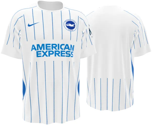 Camisa visitante do Brighton 2026 - 2027 branca com listras pontilhadas azuis, frente e costas