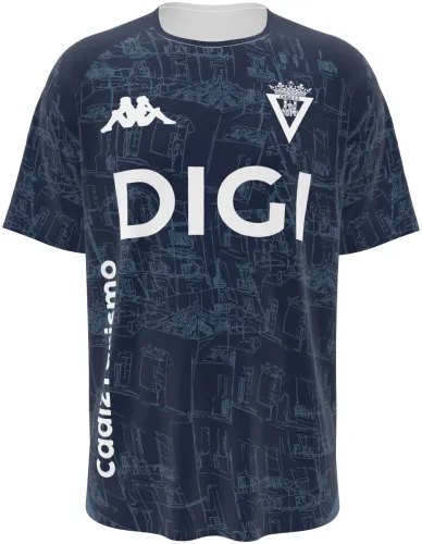 Camisa visitante do Cádiz CF 2026 - 2027 azul-marinho com a cidade desenhada a traço, frente e costas