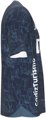 Camisa visitante do Cádiz CF 2026 - 2027 azul-marinho com a cidade desenhada a traço, frente e costas