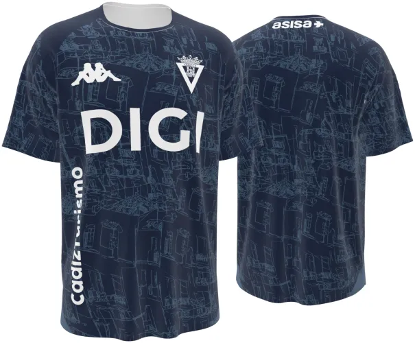 Camisa visitante do Cádiz CF 2026 - 2027 azul-marinho com a cidade desenhada a traço, frente e costas