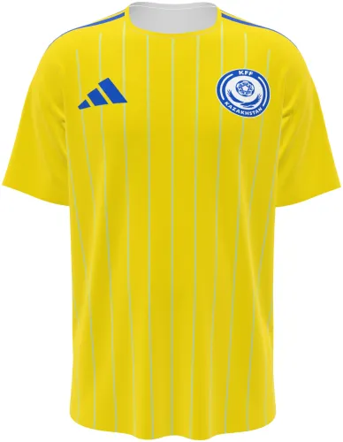 Camisa titular do Cazaquistão 2026 amarela com listras finas, frente e costas